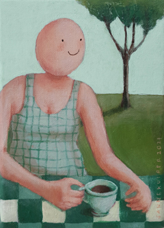 Sanne Kuiper, Koffie in de tuin, 18x18 cm, 115,- euro, Acryl op doek in baklijst