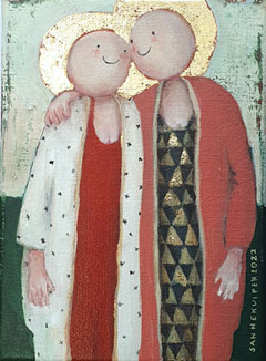 Sanne Kuiper, Engeltjes, 175 euro, Acryl met bladgoud op doek in baklijst, 18x13 cm