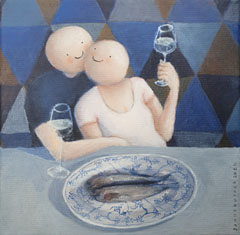 Sanne Kuiper, Met z'n twee, 225 euro, Acryl met bladgoud op doek in baklijst, 20x20 cm