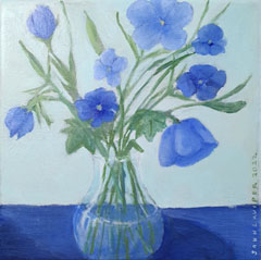 Sanne Kuiper, Blauwe bloemetjes, 225 euro, Acryl op doek in baklijst, 20x20 cm