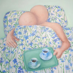 Sanne Kuiper, Koffie in bed, 1075 euro, Acryl op doek in baklijst, 80x80 cm