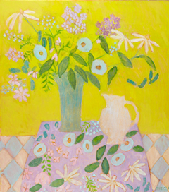 Thecla Renders, Bloemen in bloemen geel, Olieverf op doek, 90x80 cm, €.2000,-