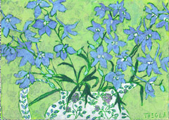 Thecla Renders, Blauwe bloemen in witte kan, Gemengde techniek op hout, 21x30 cm, €.175,-