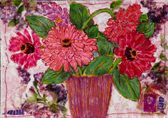 Thecla Renders, Grote Zinnia's, Gemengde techniek op paneel, 30x21 cm, €.175,-