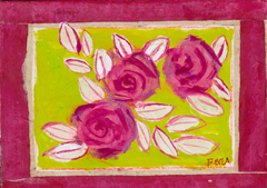Thecla Renders, rozen rood, Gemengde techniek op paneel, 21x15 cm, €.65,-