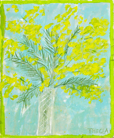 Thecla Renders, Mellow Yellow, Gemengde techniek op papier en hout, 23x19 cm, €.150,-