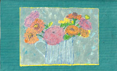 Thecla Renders, Zinnia's, Gemengde techniek op hout, 16x25 cm, €.125,-