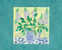 Thecla Renders, zomer zonder tijd 5 (lila violieren), Gemengde techniek op paneel, 21x26 cm, €. 150,-