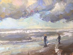 Marieke Ackerman, Kitesurfer near beach, 600 euro, Olieverf schilderspaneel in houten lijst, 30x40 cm