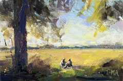 Marieke Ackerman, Picknick, 125 euro, Acryl op paneel in baklijstje, 10x15 cm