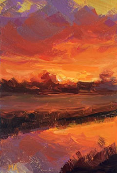 Marieke Ackerman, Reflectie Zonsondergang, 125 euro, Acryl op paneel in baklijstje, 10x15 cm