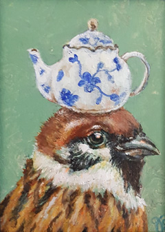 Vilma van den Berg, Theemuts, Acryl op doek in lijstje, 18x13 cm, €.175,-