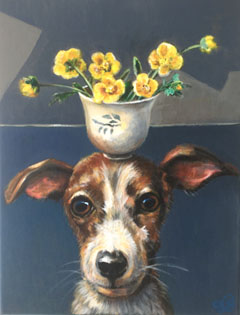 Vilma van den Berg, Hond met kopje boterbloemen, Acryl op doek, 40x30 cm, €.395,-