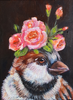 Vilma van den Berg, Mus met rozen, Acryl op doek, 24x18 cm, €.175,-