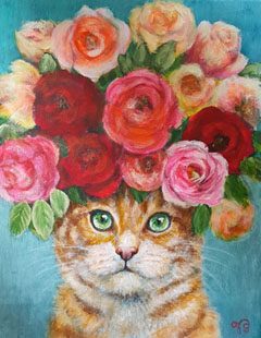 Vilma van den Berg, Kat met rozen, Acryl op doek, 40x32 cm, €.395,-