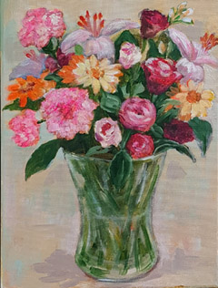 Vilma van den Berg, Goudsbloemen in kan, Gemengde techniek op doek in baklijst, 40x30 cm, €.275,-