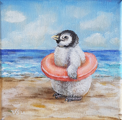 Vilma van den Berg, Dagje strand, Acryl op doek in lijstje, 15x15 cm, €.175,-