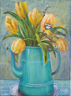 Vilma van den Berg, Tulpen in kan, Acryl op doek in baklijst, 40x30 cm, €.315,-