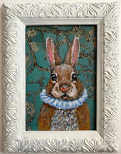 Vilma van den Berg, Haas met kraag 1, Gemengde techniek op hout in lijst, 15x10 cm, €.150,-