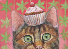 Vilma van den Berg, Kat met cupcake, 150 euro, Gemengde techniek op hout in baklijst, 18x13 cm