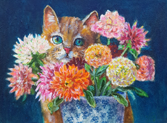 Vilma van den Berg, Kat en Dahlia's, 345 euro, Acryl op paneel in baklijst, 30x40 cm