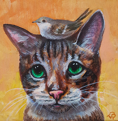 Vilma van den Berg, Kat en vogel, 175 euro, Acryl op paneel in baklijst, 20x20 cm