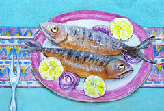 Vilma van den Berg, twee makrelen, 235 euro, Acryl op paneel in baklijst, 20x30 cm