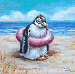 Vilma van den Berg, Pinguin op het strand, 175 euro, Acryl op doek in lijst, 15x15 cm