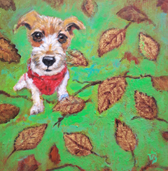 Vilma van den Berg, Hond in herfsttuin, 195 euro, Acryl op paneel in lijst, 20x20 cm