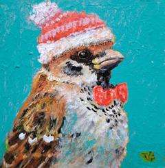 Vilma van den Berg, Kerstmus met strik, 50 euro, Acryl op paneel zonder lijst, 10x10 cm