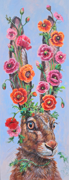 Vilma van den Berg, Haas met klaprozen, 1200 euro, Acryl op doek in baklijst, 100x40 cm