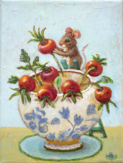 Vilma van den Berg, Muis met rozenbottel, 325 euro, Acryl op doek in baklijst, 24x18 cm