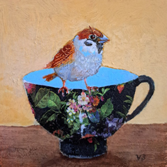 Vilma van den Berg, Mus op kopje, 150 euro, Acryl op paneel zonder lijst, 15x15 cm