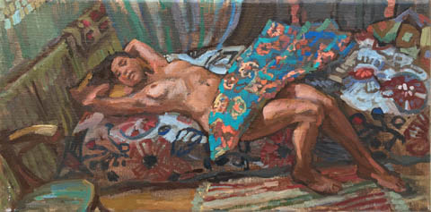 Irma Braat, op gebloemde lap, Olieverf op doek, 20x40 cm, €.350,-