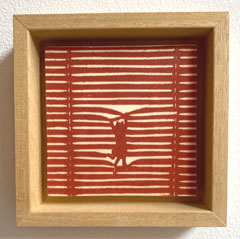 Edith Brouwer, Luxaflex kat, 75 euro, Lino op hout in baklijst, 10x10 cm