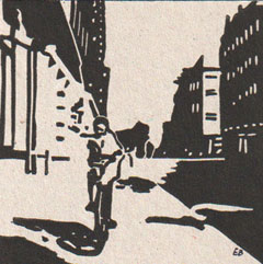 Edith Brouwer, Fiets, 65 euro, Lino op papier in zwarte lijst, 10x10 cm