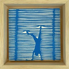 Edith Brouwer, Luxaflex handdstand, 75 euro, Lino op hout in baklijst, 10x10 cm