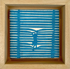 Edith Brouwer, Luxaflex kat, 75 euro, Lino op hout in baklijst, 10x10 cm