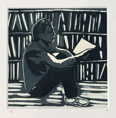 Edith Brouwer, Lezende man, 115 euro, Linodruk op papier in ljist met museumglas, 21,5x21,5 cm