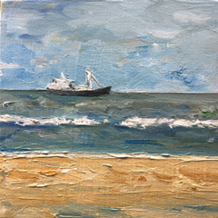 Diana de Bruin, Vissers op de Noordzee, Olieverf op paneel, 12x12 cm, €.125,-