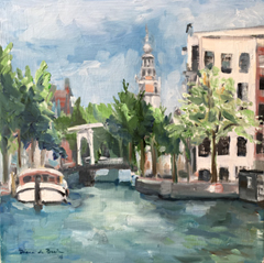 Diana de Bruin, Groenburgwal met zuiderkerk, Gemengde techniek op paneel, 30x30 cm, 275,- euro