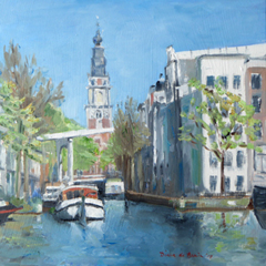 Diana de Bruin, Groenburgwal en Zuiderkerk, Olieverf op paneel, 30x30 cm, €.275,-