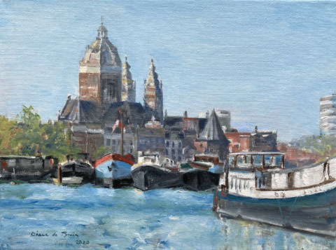 Diana De Bruin, St Nicolaaskerk vanaf het Oosterdok, Olieverf op doek in houten baklijst, 30x40 cm, €.325,-