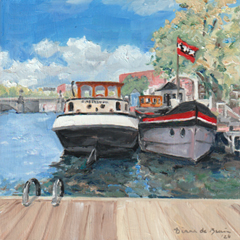 Diana de Bruin, Amstel richting Stopera, 195 euro, Olieverf op paneel zonder lijst, 20x20 cm