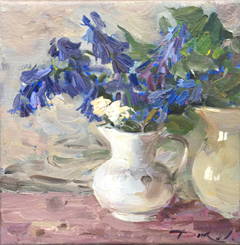 Natalia Dik, Stilleven met bloemetjes, Olieverf op doek in baklijst, 20x20 cm, €.450,-