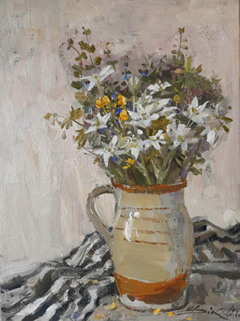 Natalja Dik, Veldbloemen in gele vaas, Olieverf op doek in lijst, 40x30 cm, 840,- 