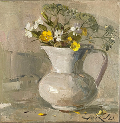 Natalia Dik, Boterbloemen, 20x20 cm, 450,-, Olieverf op doek in baklijst