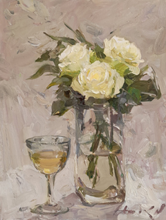 Natalia Dik, Witte rozen, 40x30 cm, €.850,-, Olieverf op paneel zonder lijst. 