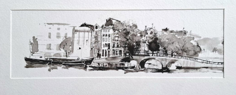 Natalia Dik, Amstel/Prinsengracht, 285 euro, Mixed media op papier in zwarte wissellijst, 10x30 (met lijst 28x35 cm)