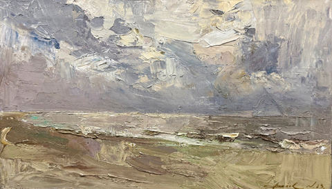 Natalia Dik, Zee in het licht, 1300 euro, Olieverf op doek in witte baklijst, 35x60 cm